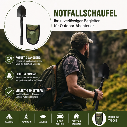 5-in-1 Überlebensschaufel kompakt – Taktikspaten aus Edelstahl mit Säge, Kompass & Flaschenöffner für Camping & Outdoor