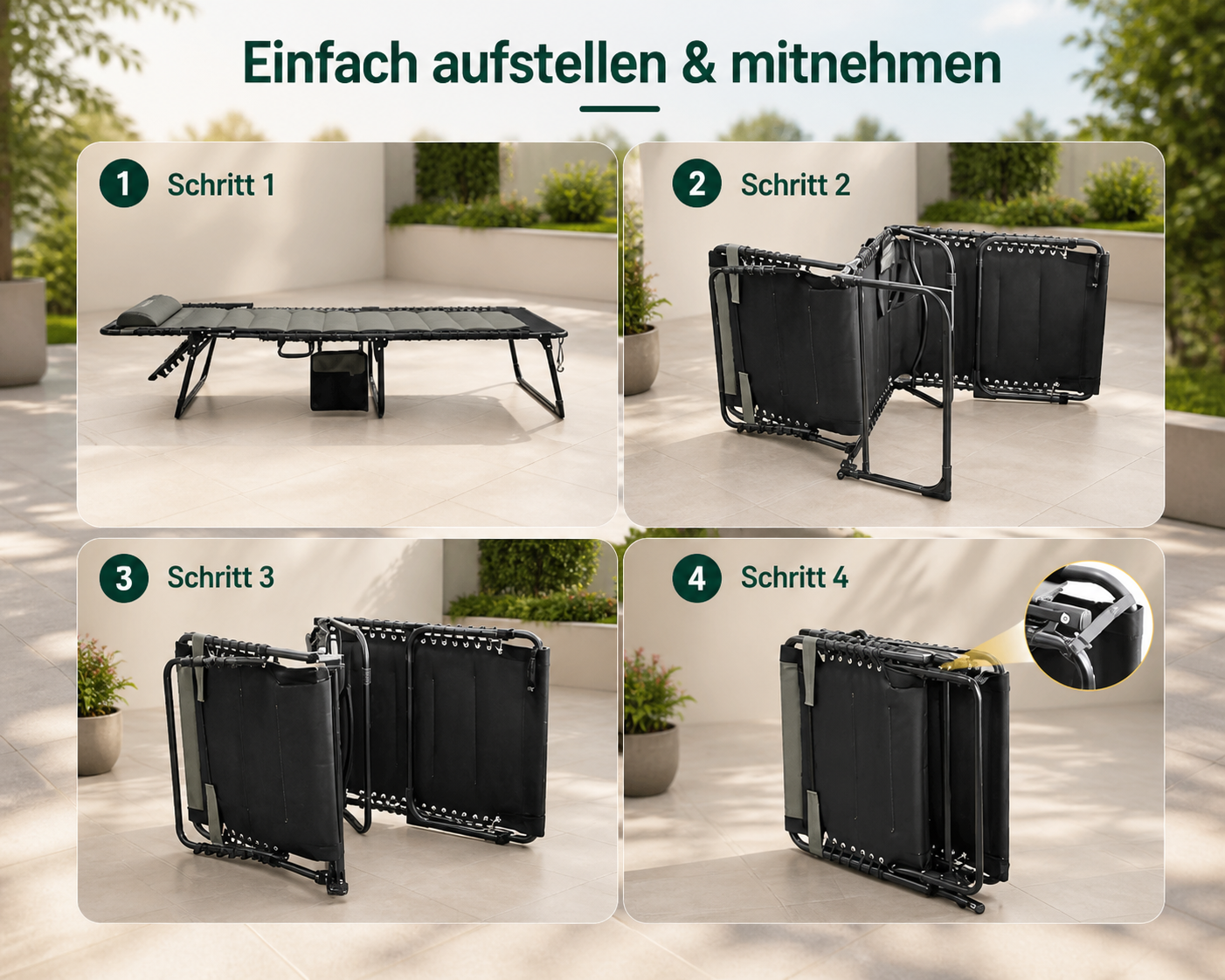 Klappbarer Outdoor Liegestuhl ideal für Garten, Balkon, Camping und entspannte Outdoor-Momente