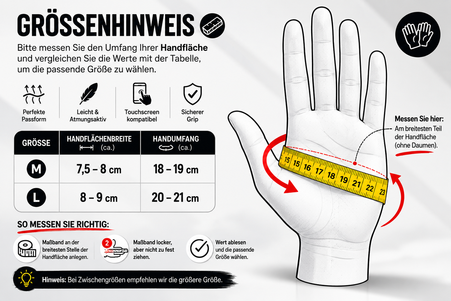 Größenhinweis für Vollfinger Sporthandschuhe – Handumfang messen und passende Größe für Fahrrad-, Outdoor- und Freizeitsport auswählen.