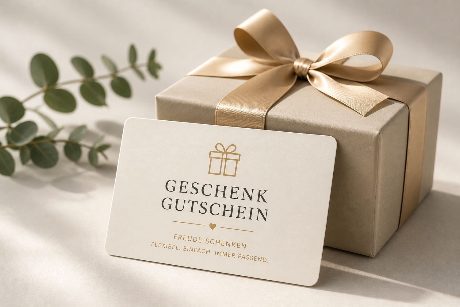 Geschenk Gutschein neben einer Geschenkbox, ideal für Online Gutschein für Wohnen & Einrichtung bei DomGarten24