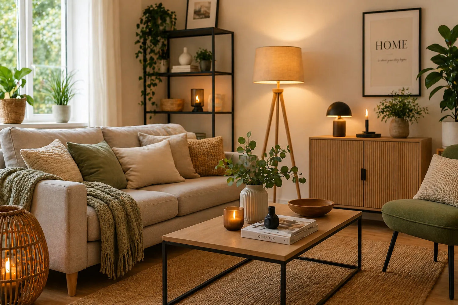 Gemütliches Wohnzimmer mit nachhaltigen Möbeln und Pflanzendekoration für nachhaltiges Wohnen.