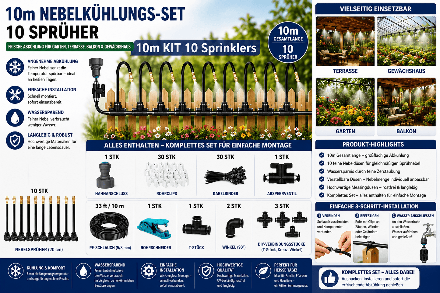 Nebelkühlsystem Garten mit 10 Sprühern, 10m KIT für Terrasse, Balkon, Gewächshaus und Garten.