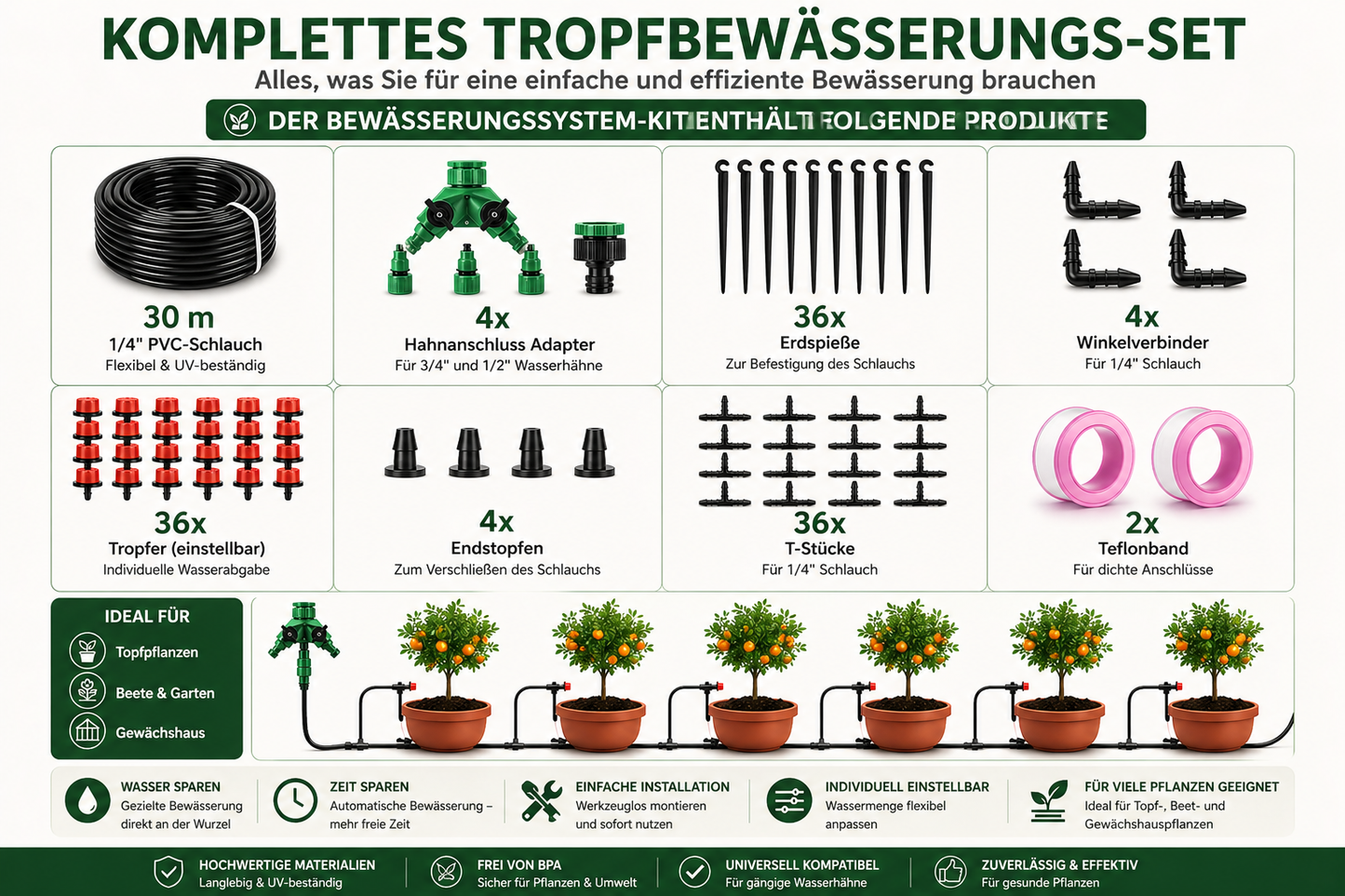 Tropfbewässerungssystem 20–50 m – Automatische Pflanzenbewässerung für Balkon, Garten & Gewächshaus | 1/4 Zoll Bewässerungsset mit verstellbaren Tropfern | DIY Mikro Bewässerung Set