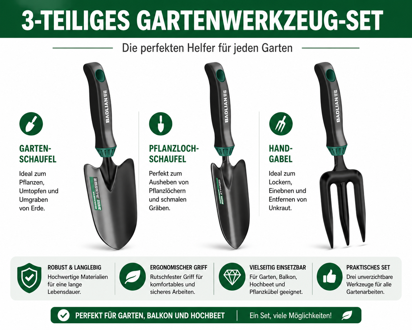 Robustes 3-teiliges Gartenwerkzeug-Set aus Hochleistungsstahl – Pflanzschaufel, 5-Zinken-Grabegabel & Unkrautjäter – Ergonomisch & rutschfest für komfortables Arbeiten