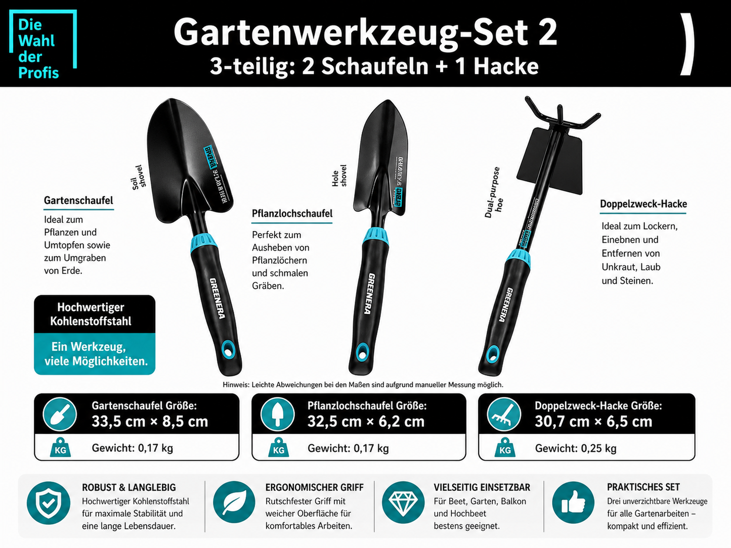 Robustes 3-teiliges Gartenwerkzeug-Set aus Hochleistungsstahl – Pflanzschaufel, 5-Zinken-Grabegabel & Unkrautjäter – Ergonomisch & rutschfest für komfortables Arbeiten