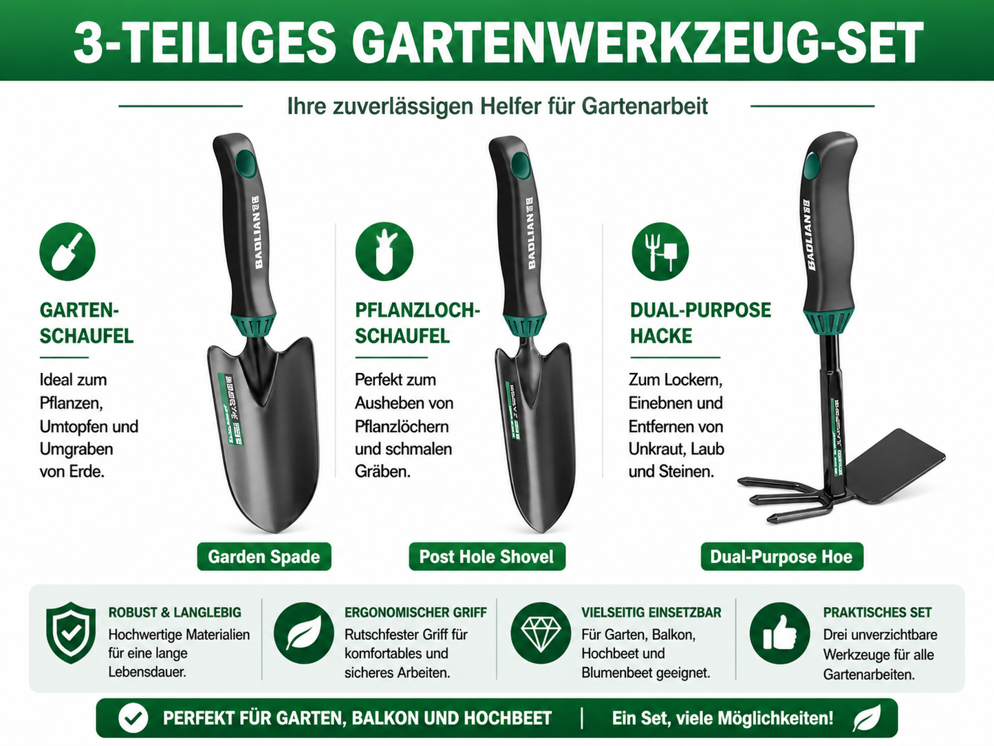 Robustes 3-teiliges Gartenwerkzeug-Set aus Hochleistungsstahl – Pflanzschaufel, 5-Zinken-Grabegabel & Unkrautjäter – Ergonomisch & rutschfest für komfortables Arbeiten