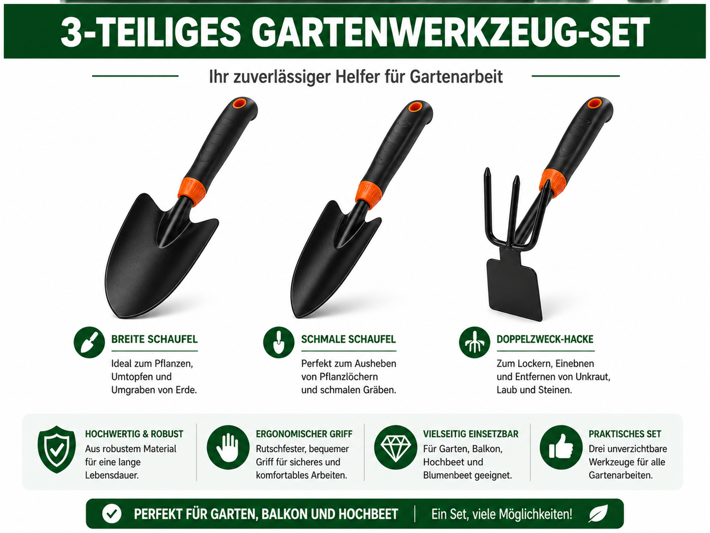 Robustes 3-teiliges Gartenwerkzeug-Set aus Hochleistungsstahl – Pflanzschaufel, 5-Zinken-Grabegabel & Unkrautjäter – Ergonomisch & rutschfest für komfortables Arbeiten