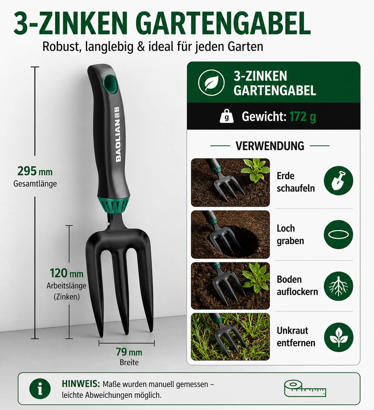 Robustes 3-teiliges Gartenwerkzeug-Set aus Hochleistungsstahl – Pflanzschaufel, 5-Zinken-Grabegabel & Unkrautjäter – Ergonomisch & rutschfest für komfortables Arbeiten