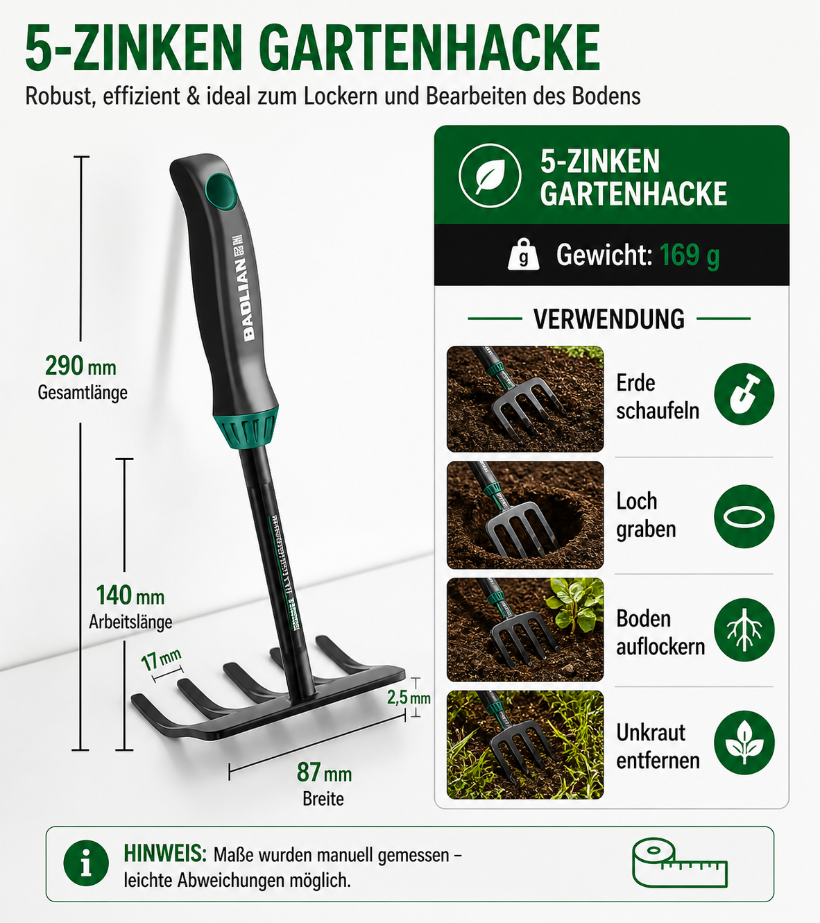 Robustes 3-teiliges Gartenwerkzeug-Set aus Hochleistungsstahl – Pflanzschaufel, 5-Zinken-Grabegabel & Unkrautjäter – Ergonomisch & rutschfest für komfortables Arbeiten