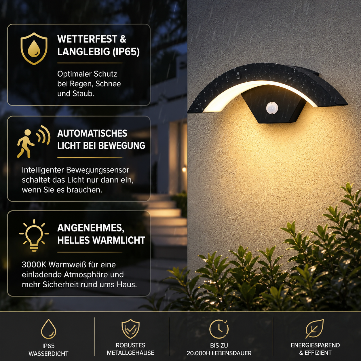 LED Wandleuchte mit Bewegungsmelder IP65 Warmweiß