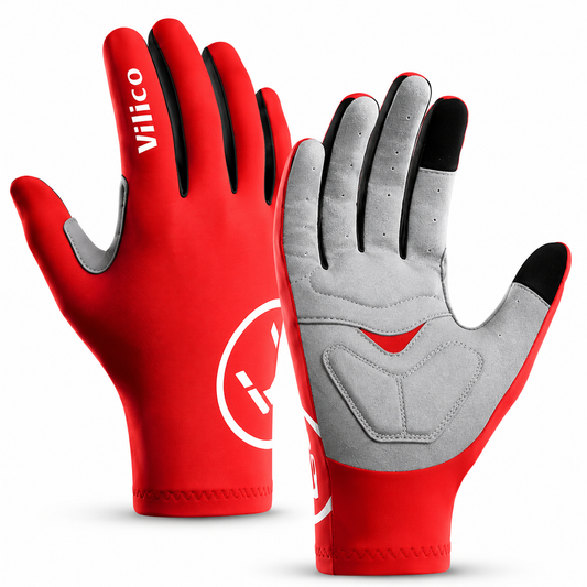 Rote Vollfinger Fahrradhandschuhe A0076 mit Touchscreen und stoßdämpfender Handfläche.