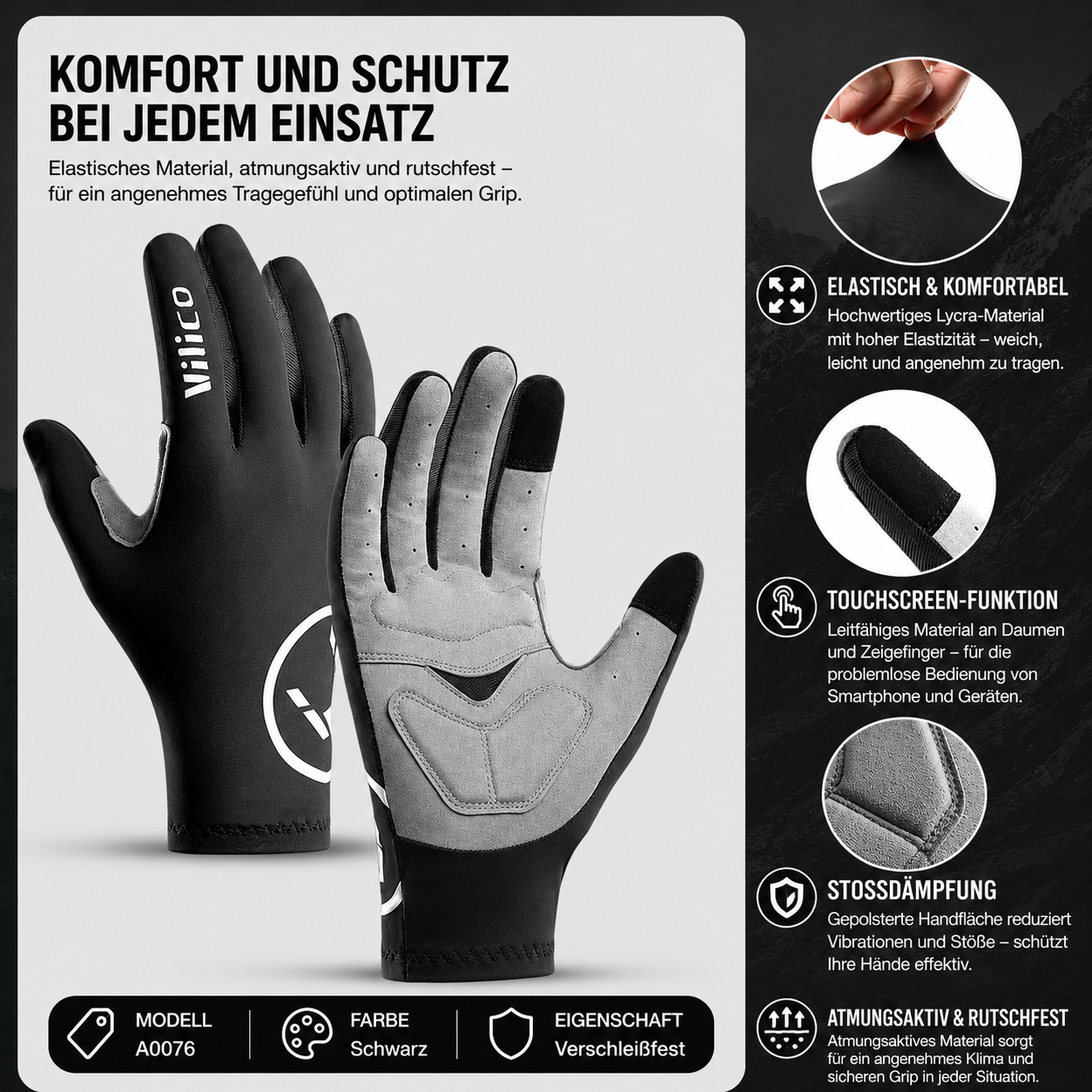 Produktübersicht der schwarzen Fahrradhandschuhe. Hervorgehoben werden elastisches Lycra-Material, Touchscreen-kompatible Fingerspitzen, stoßdämpfende Handflächenpolsterung sowie atmungsaktive und rutschfeste Eigenschaften für hohen Tragekomfort und optimalen Schutz.