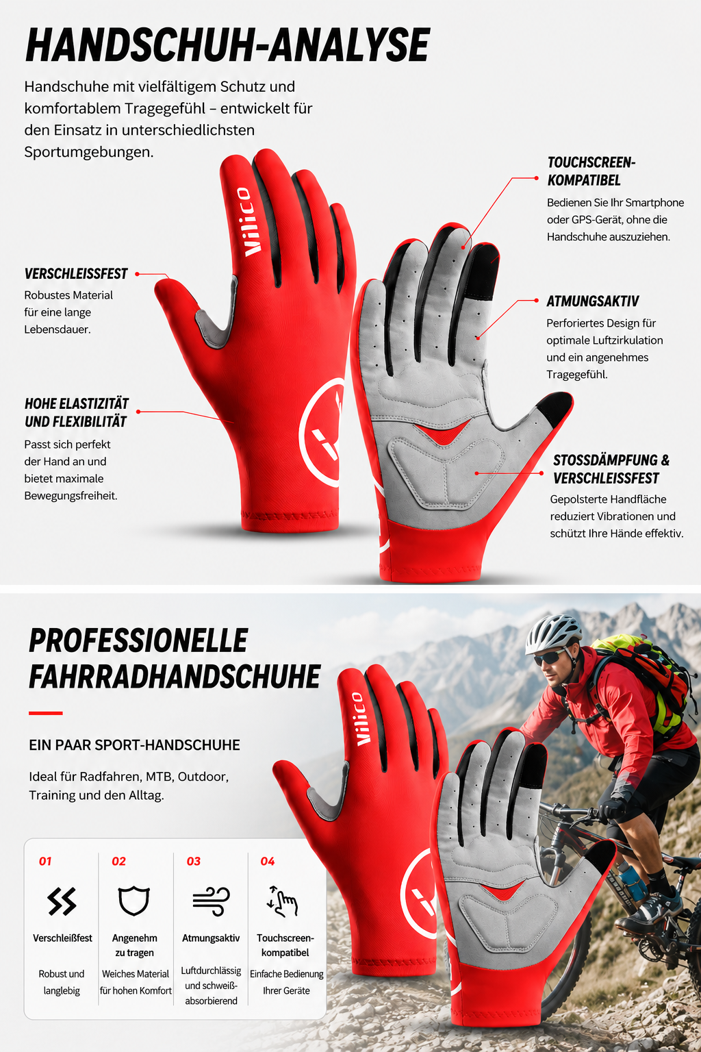 Professionelle Fahrradhandschuhe A0076 für Radfahren, MTB und Outdoor-Aktivitäten mit Touchscreen-kompatiblen Fingerspitzen, atmungsaktivem Material, hoher Elastizität und stoßdämpfender Polsterung.