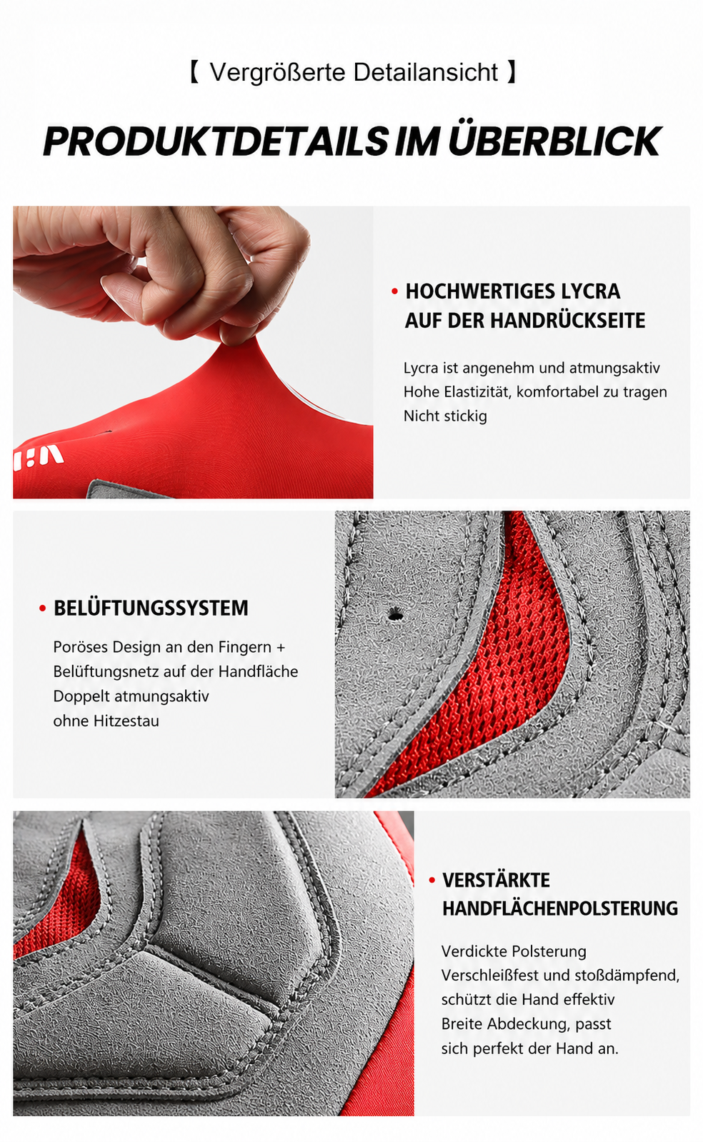 Detailansicht der Fahrradhandschuhe mit hochwertigem Lycra auf der Handrückseite, atmungsaktiven Belüftungszonen und verstärkter Handflächenpolsterung für Komfort, Stoßdämpfung und sicheren Halt.