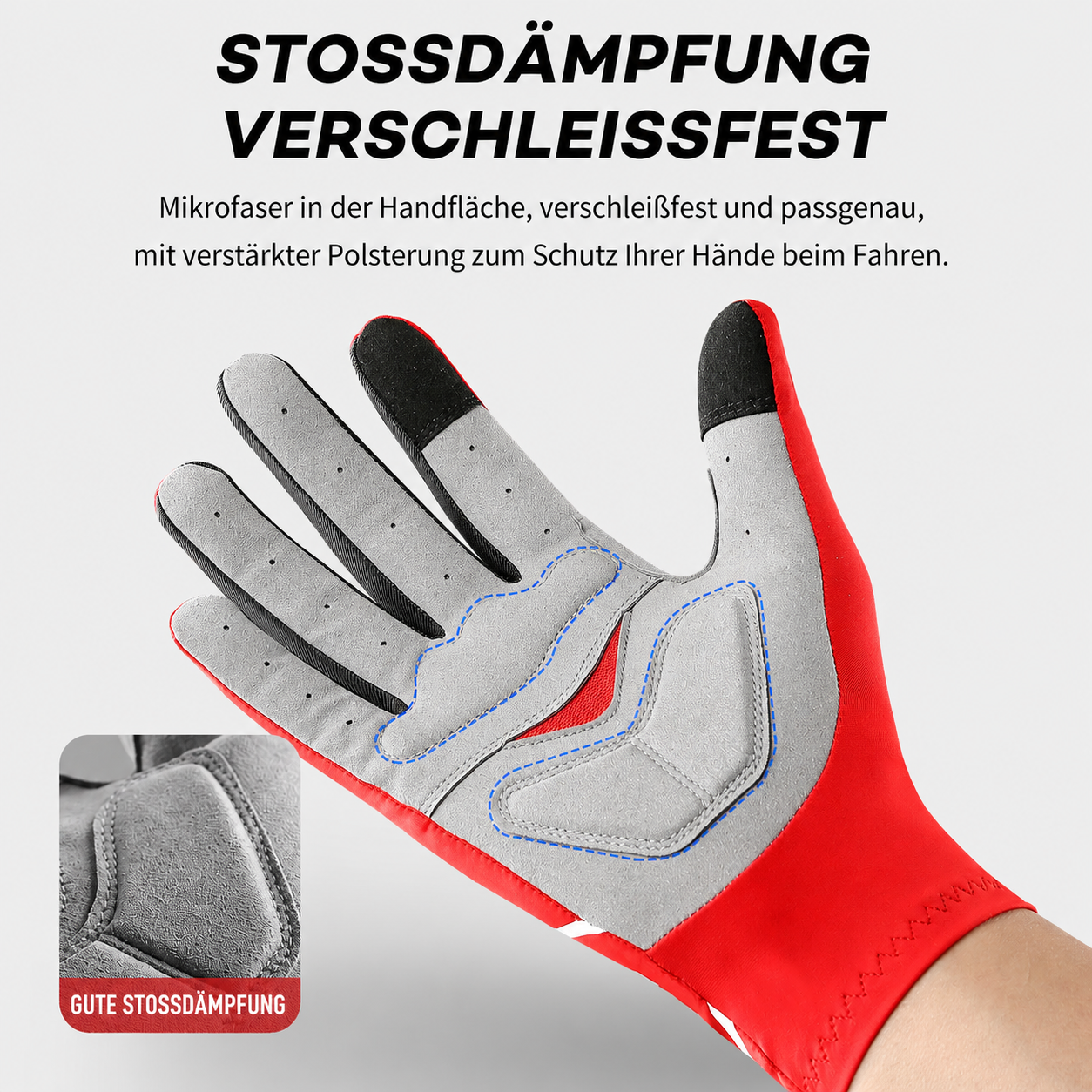 Stoßdämpfende Fahrradhandschuhe A0076 mit gepolsterter Handfläche, verschleißfester Mikrofaser und zusätzlichem Schutz für lange Fahrten auf Straße und MTB.