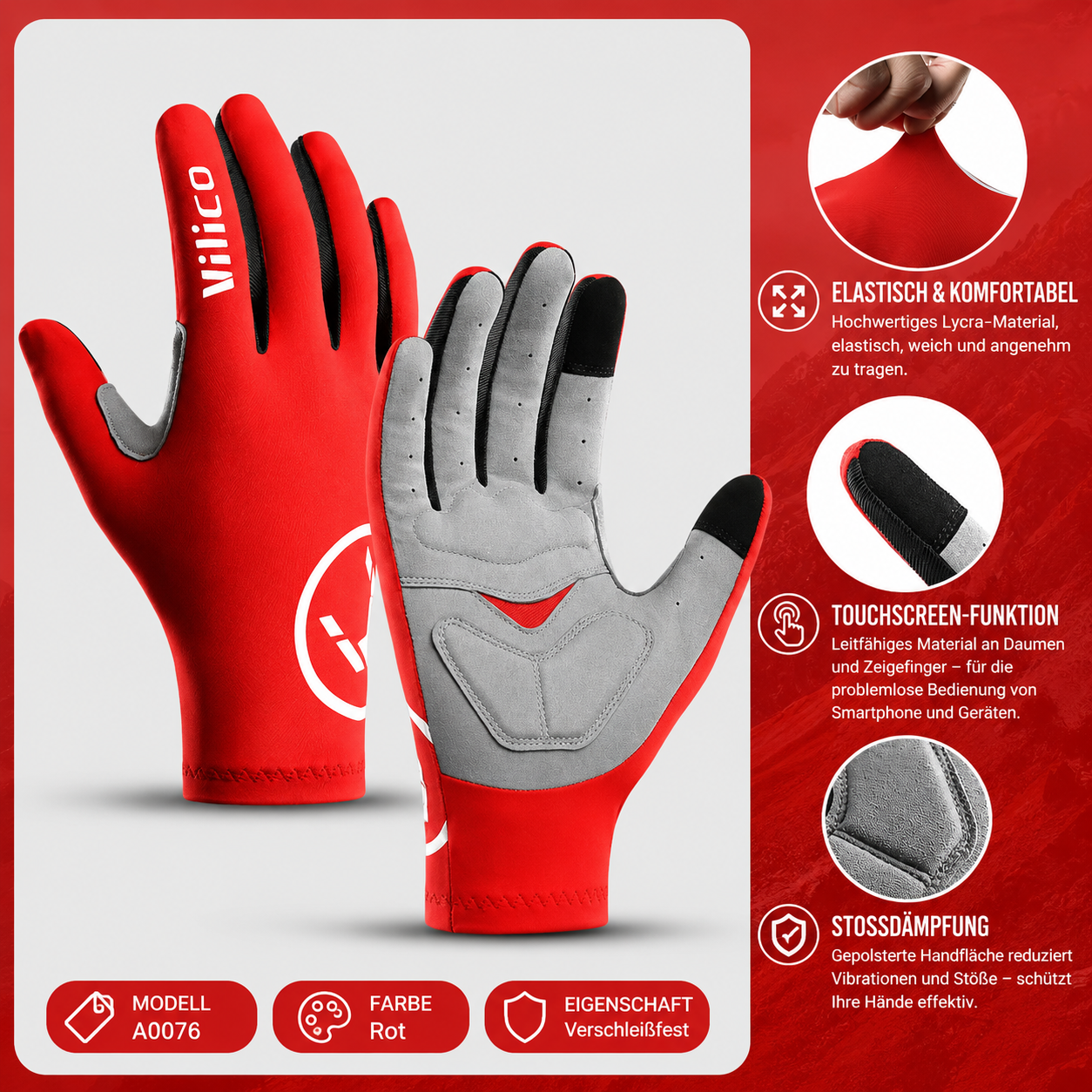 Produktübersicht der roten Fahrradhandschuhe Modell A0076. Hervorgehoben werden das elastische und komfortable Lycra-Material, die Touchscreen-kompatiblen Fingerspitzen für Smartphone-Bedienung sowie die stoßdämpfende Handflächenpolsterung für zusätzlichen Schutz und Komfort beim Fahren.