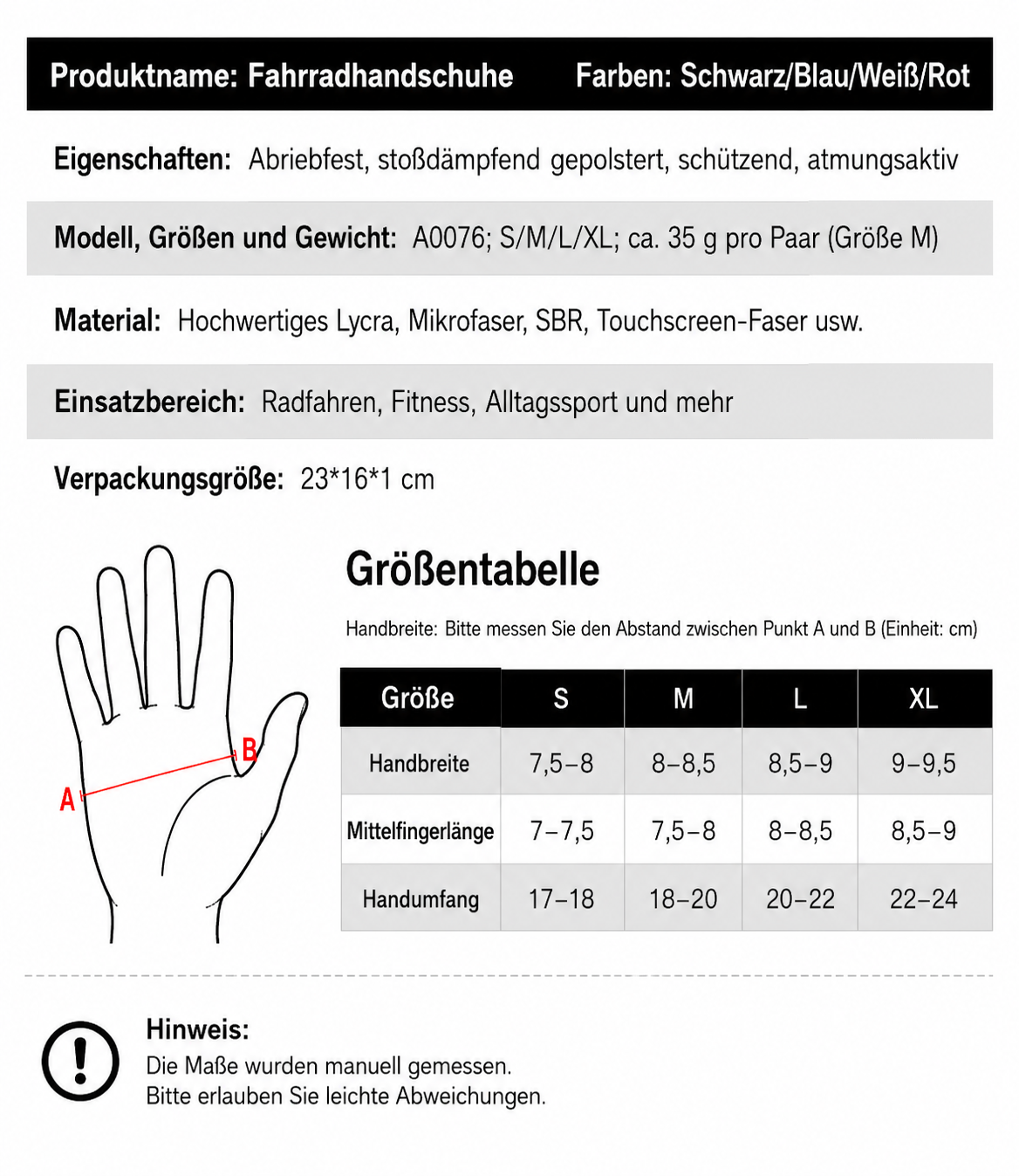 Infografik zur Bestimmung der richtigen Handschuhgröße. Die Tabelle zeigt die Größen S, M, L und XL mit Angaben zu Handflächenbreite, Mittelfingerlänge und Handumfang. Zusätzlich veranschaulichen Grafiken die korrekte Messung von Handumfang und Handflächenbreite.