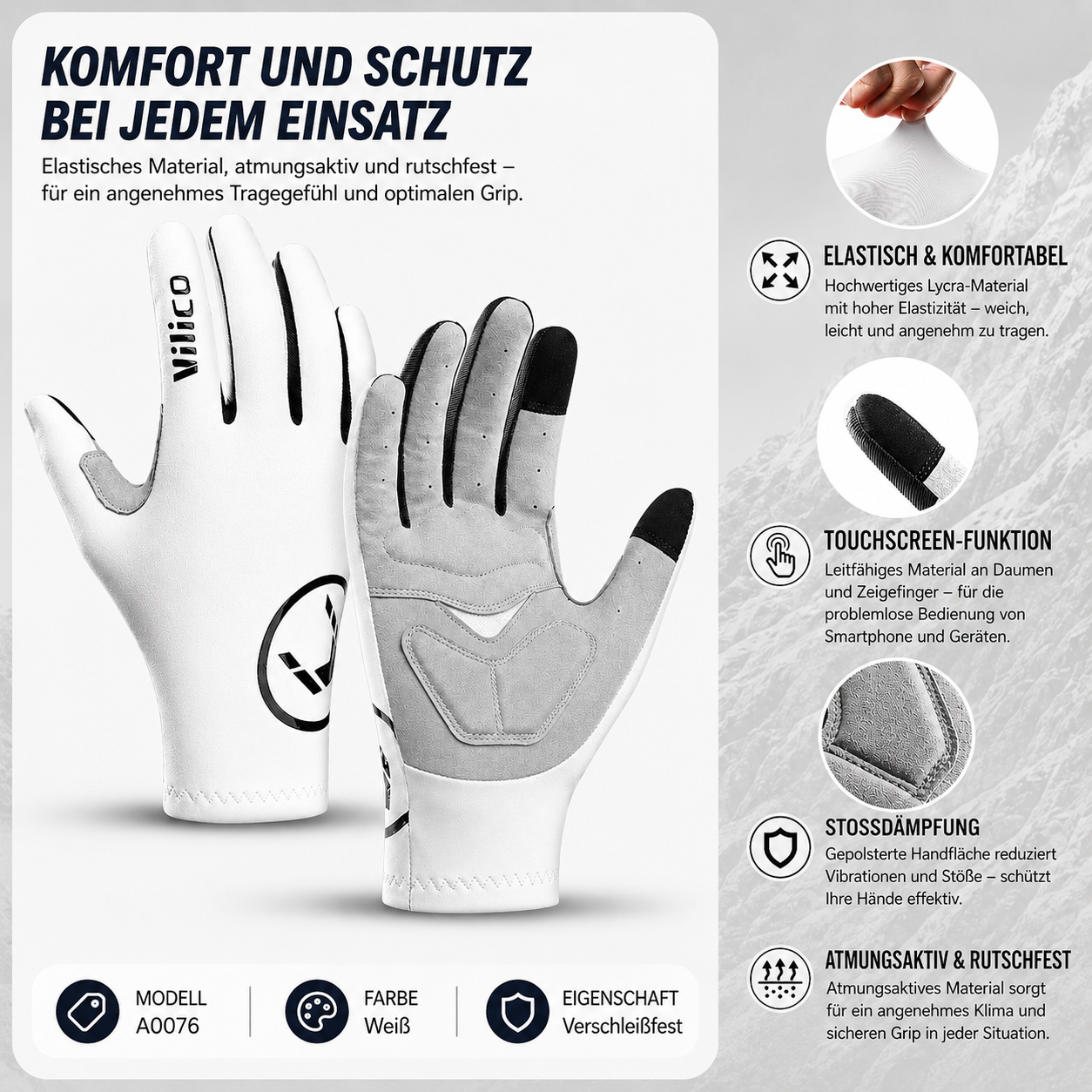 Produktübersicht der weißen Fahrradhandschuhe. Dargestellt werden das elastische Lycra-Material für angenehmen Tragekomfort, Touchscreen-kompatible Fingerspitzen für die Bedienung von Smartphones, eine stoßdämpfende Handflächenpolsterung sowie atmungsaktive und rutschfeste Eigenschaften für Sport, Outdoor-Aktivitäten und den Alltag.