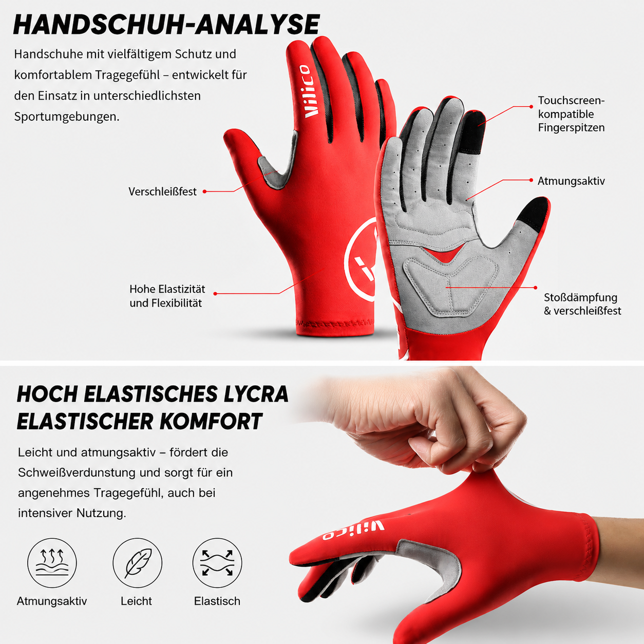 Fahrradhandschuhe A0076 mit Touchscreen-kompatiblen Fingerspitzen, atmungsaktivem Lycra-Gewebe, elastischem Tragekomfort und stoßdämpfender Handflächenpolsterung für Radfahren und Outdoor-Sport.
