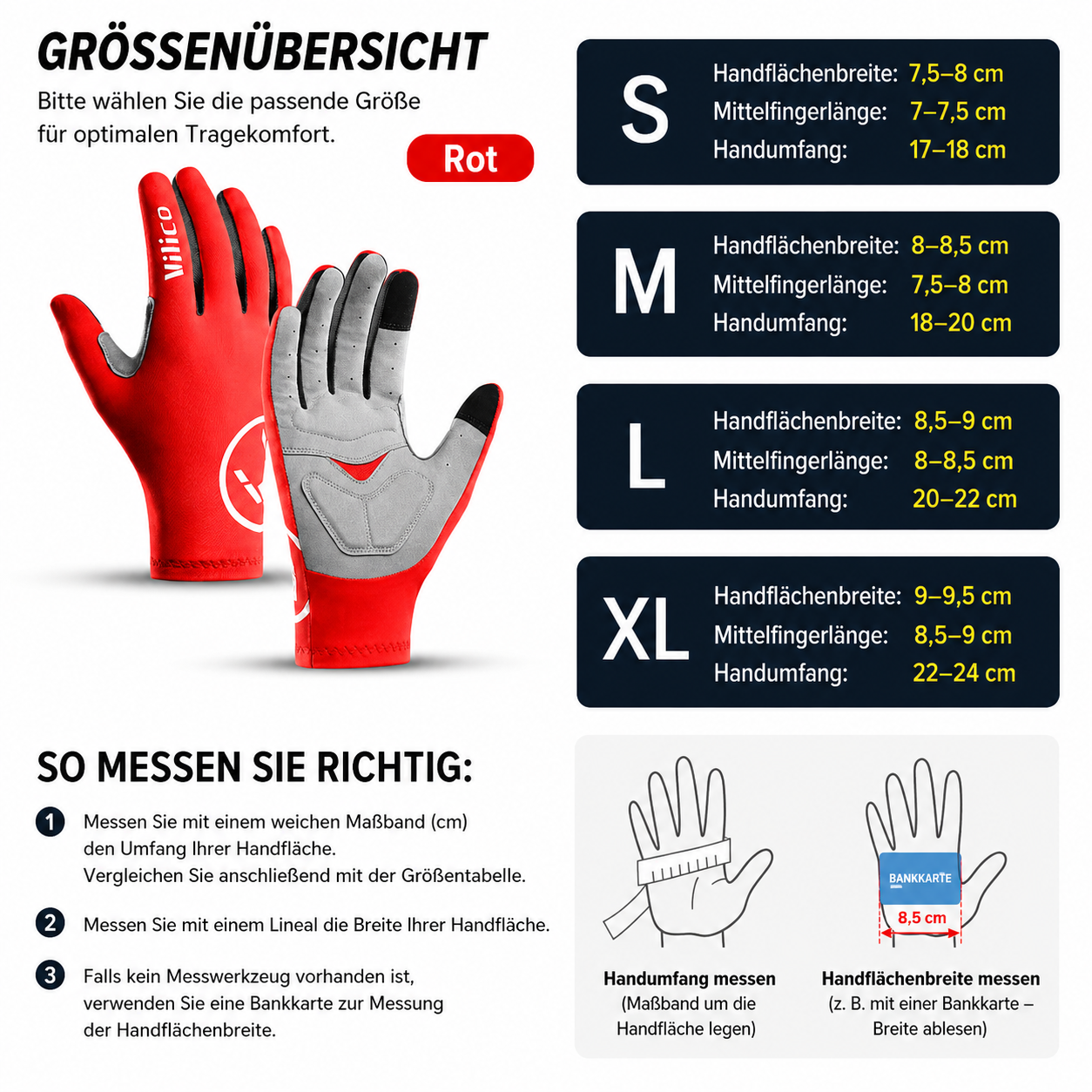 Infografik zur Bestimmung der richtigen Handschuhgröße. Die Tabelle zeigt die Größen S, M, L und XL mit Angaben zu Handflächenbreite, Mittelfingerlänge und Handumfang. Zusätzlich veranschaulichen Grafiken die korrekte Messung von Handumfang und Handflächenbreite.