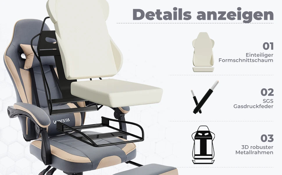 Ergonomischer Gaming Stuhl mit Fußstütze – Höhenverstellbarer Bürostuhl mit Lendenkissen & Kopfstütze