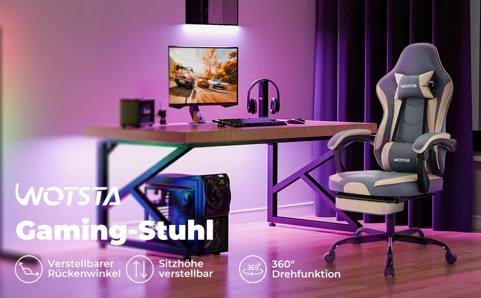Ergonomischer Gaming Stuhl mit Fußstütze – Höhenverstellbarer Bürostuhl mit Lendenkissen & Kopfstütze