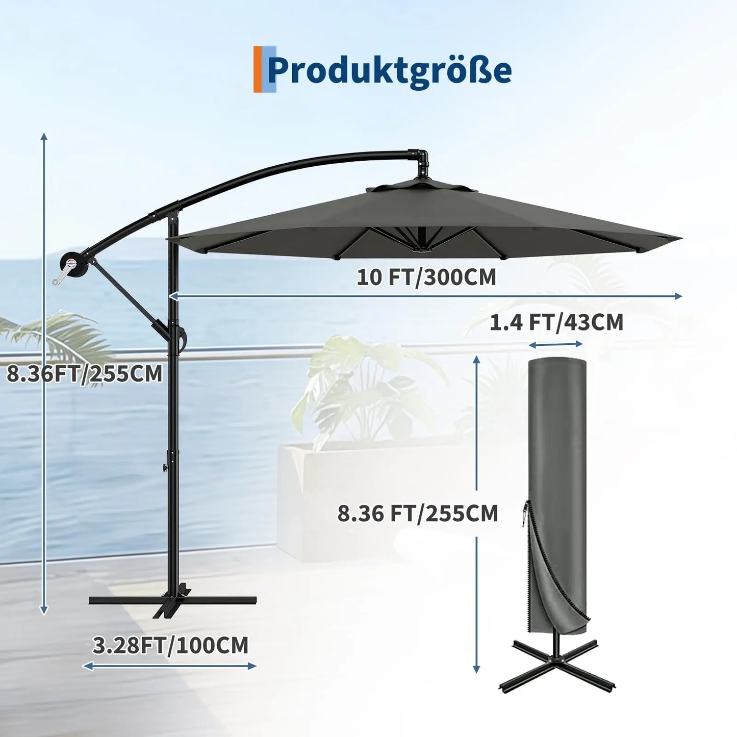 300 cm Freiarm-Sonnenschirm 360° drehbar – Ampelschirm mit Kurbel & Neigefunktion, wasserfest & UV-Schutz, Gartenschirm mit Ständer für Terrasse & Balkon