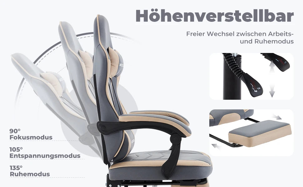 Ergonomischer Gaming Stuhl mit Fußstütze – Höhenverstellbarer Bürostuhl mit Lendenkissen & Kopfstütze