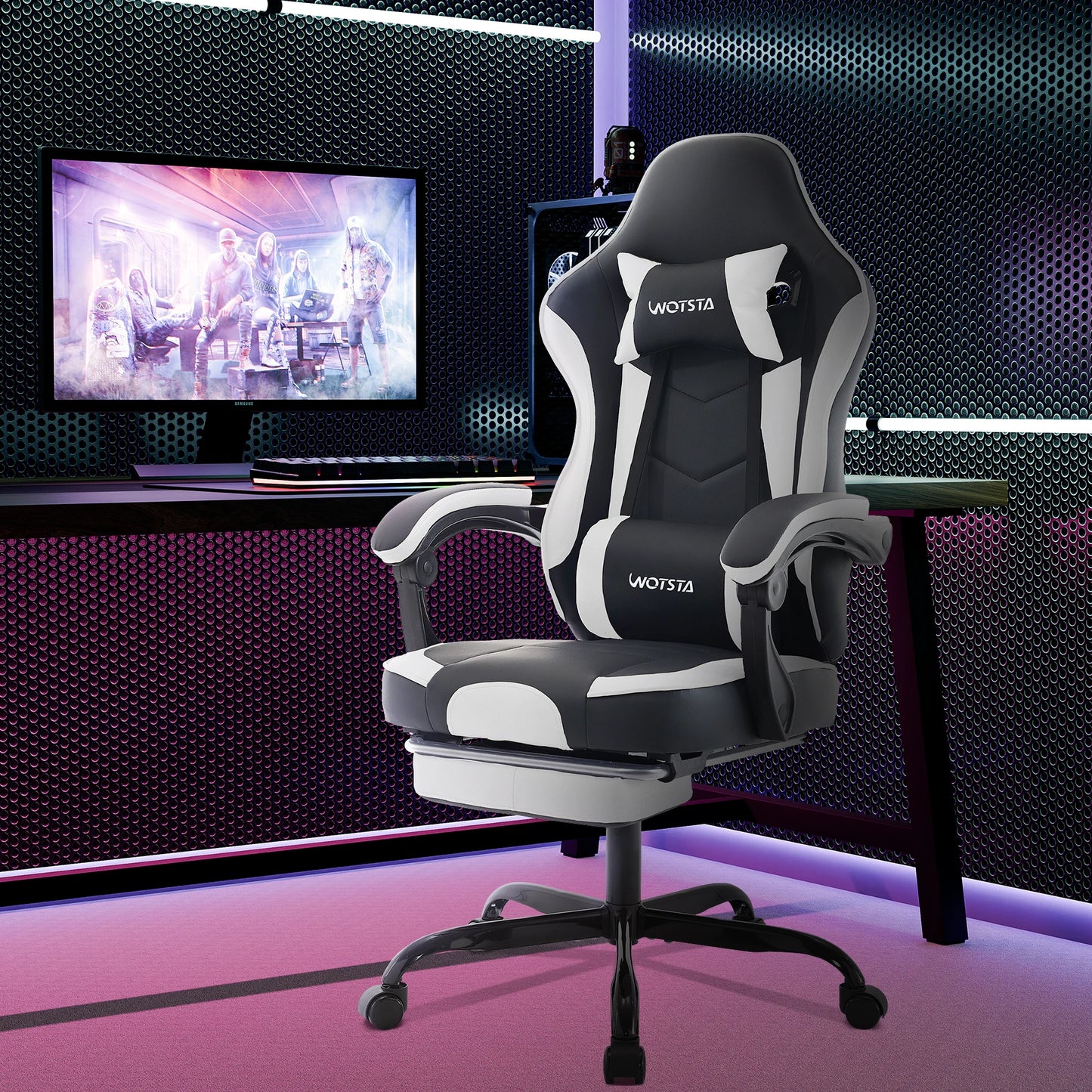 Ergonomischer Gaming Stuhl mit Fußstütze – Höhenverstellbarer Bürostuhl mit Lendenkissen & Kopfstütze