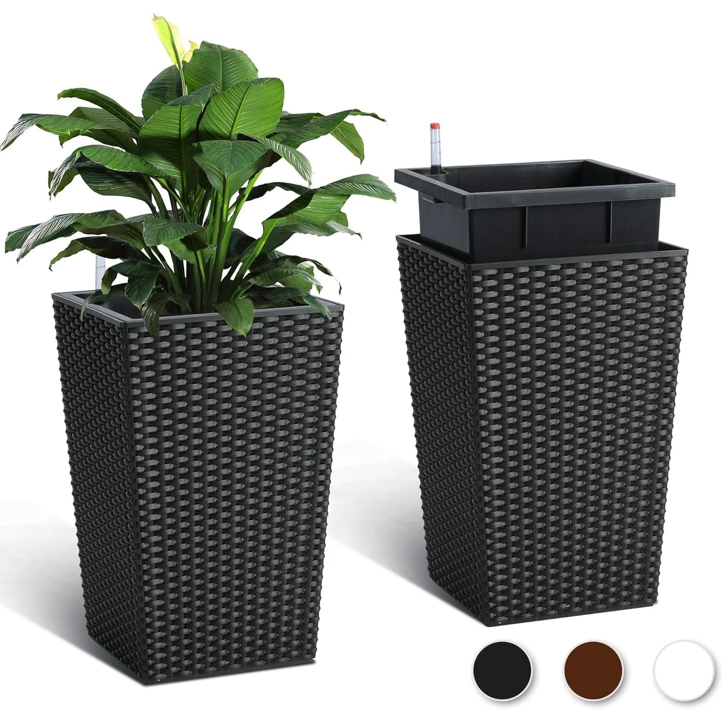 2er Set Selbstbewässernde Blumentöpfe mit Wasserstandsanzeige – 40 cm Rattan-Optik Pflanzgefäße für Innen & Außen, Wetterfest, Weiß