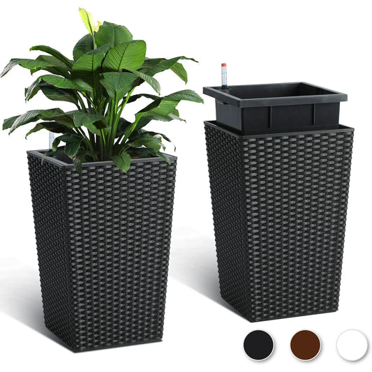 2er Set Selbstbewässernde Blumentöpfe mit Wasserstandsanzeige – 40 cm Rattan-Optik Pflanzgefäße für Innen & Außen, Wetterfest, Weiß