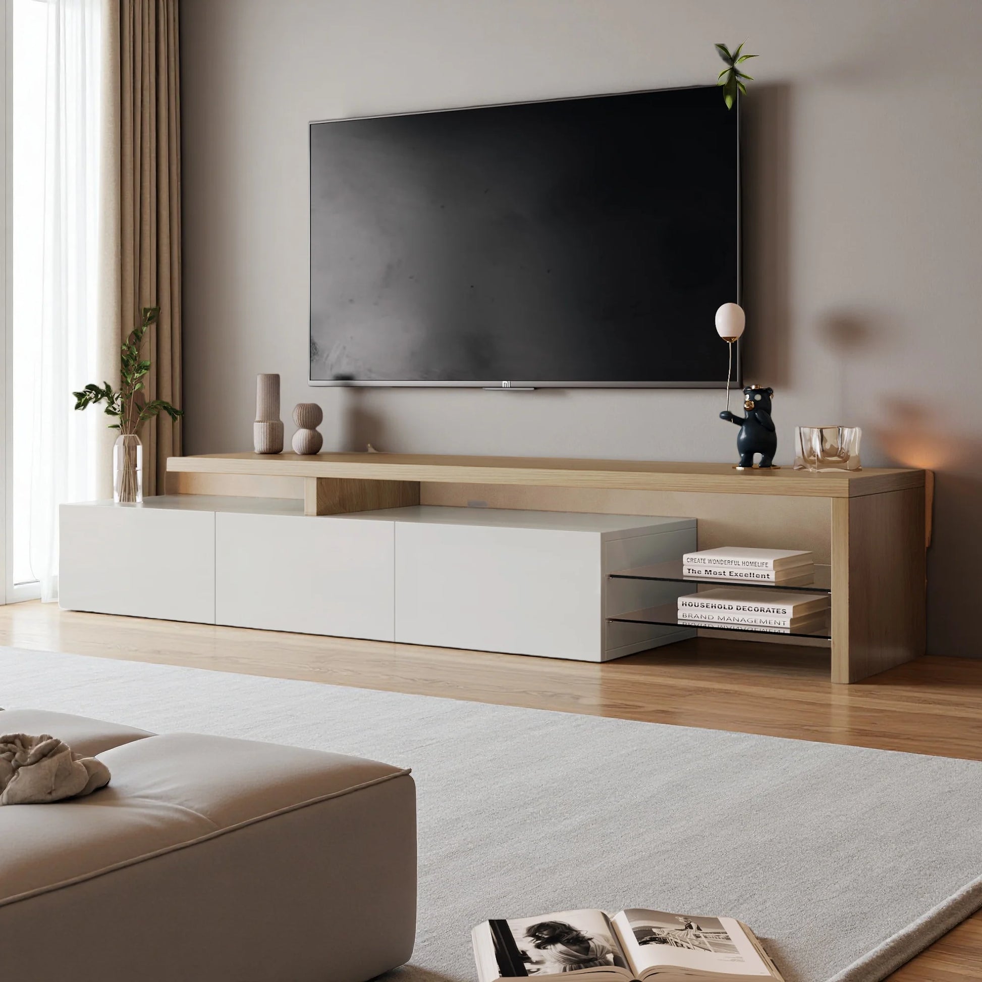 TV Lowboard Weiß Hochglanz mit LED Beleuchtung im Wohnzimmer