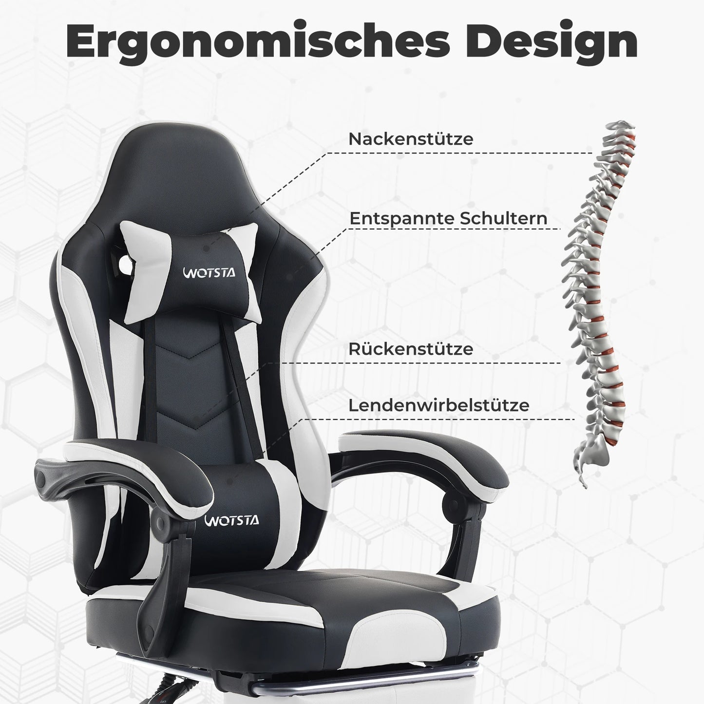 Ergonomischer Gaming Stuhl mit Fußstütze – Höhenverstellbarer Bürostuhl mit Lendenkissen & Kopfstütze