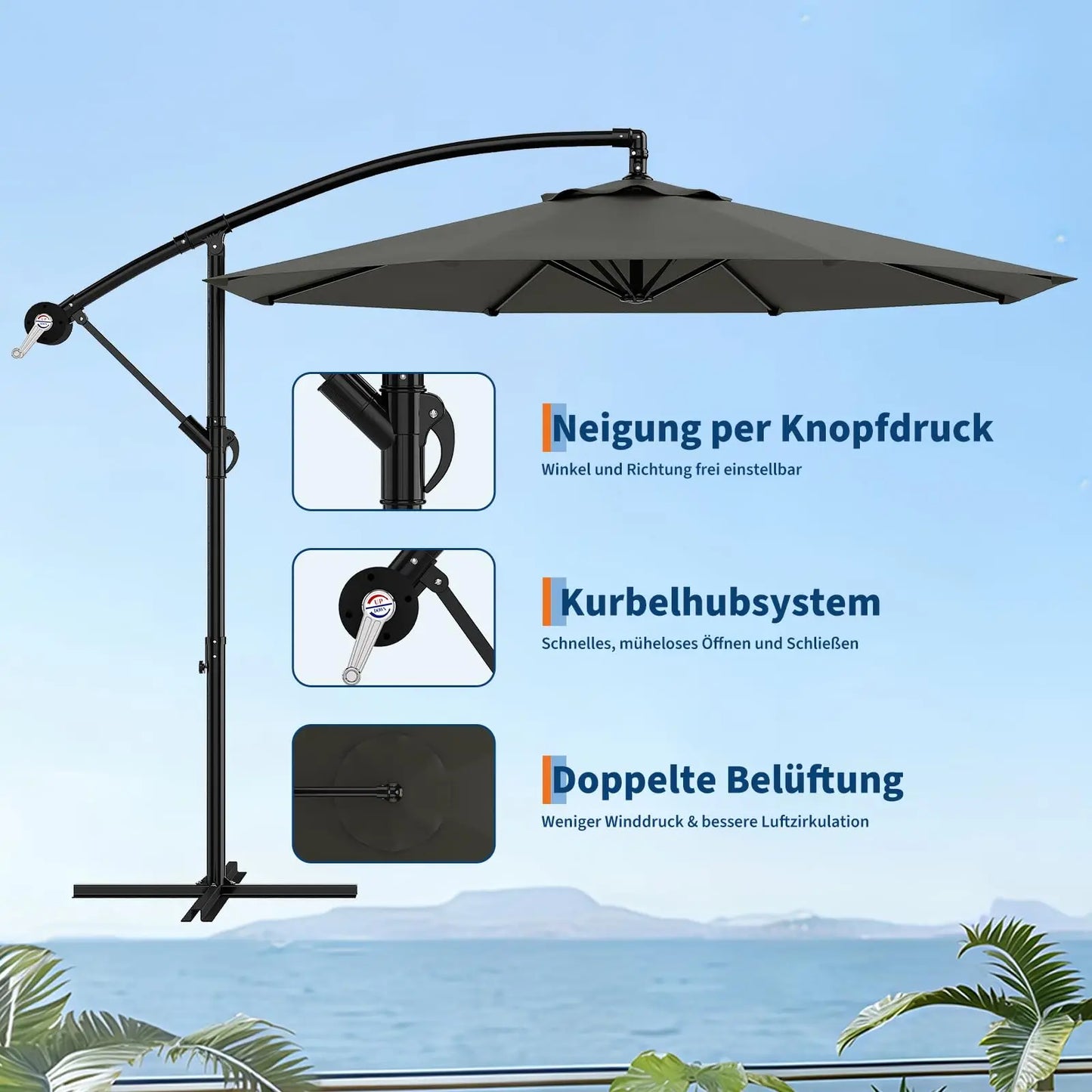 300 cm Freiarm-Sonnenschirm 360° drehbar – Ampelschirm mit Kurbel & Neigefunktion, wasserfest & UV-Schutz, Gartenschirm mit Ständer für Terrasse & Balkon