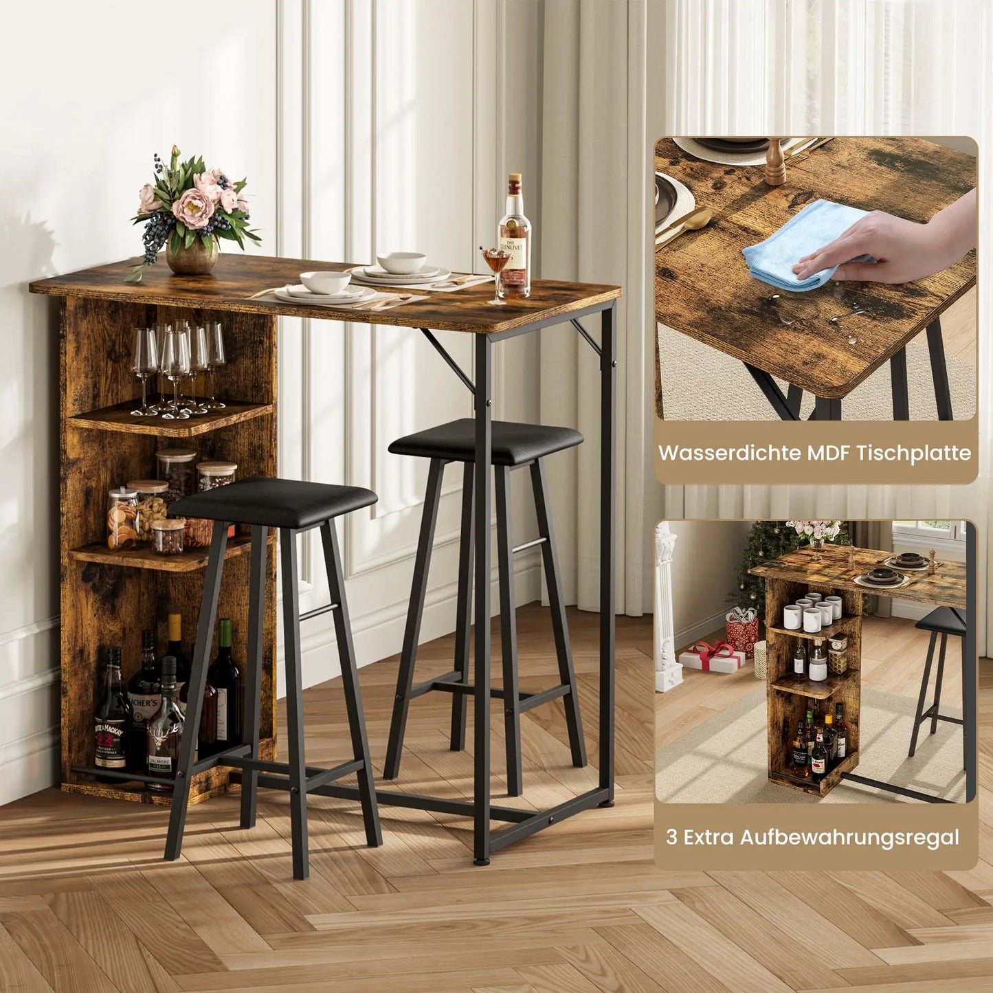 Bartisch Set mit 2 Hockern & Stauraum | Platzsparend