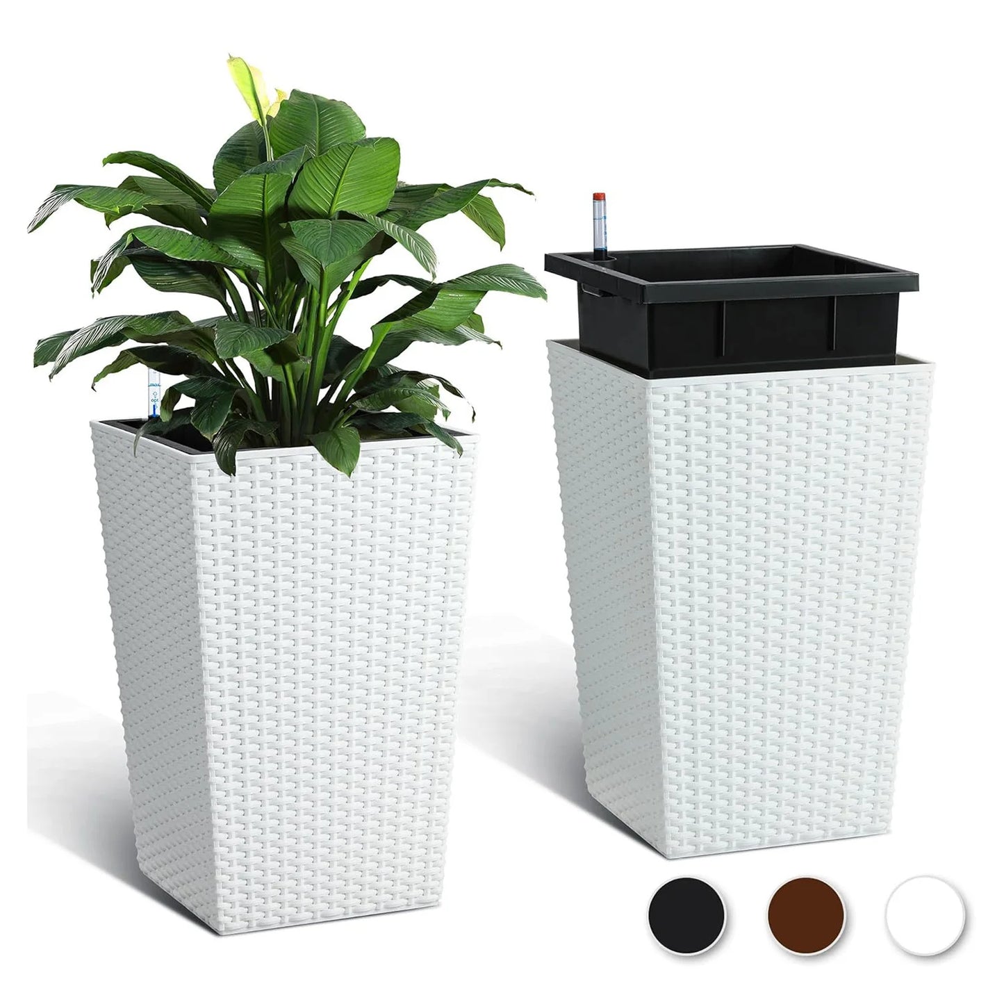 2er Set Selbstbewässernde Blumentöpfe mit Wasserstandsanzeige – 40 cm Rattan-Optik Pflanzgefäße für Innen & Außen, Wetterfest, Weiß