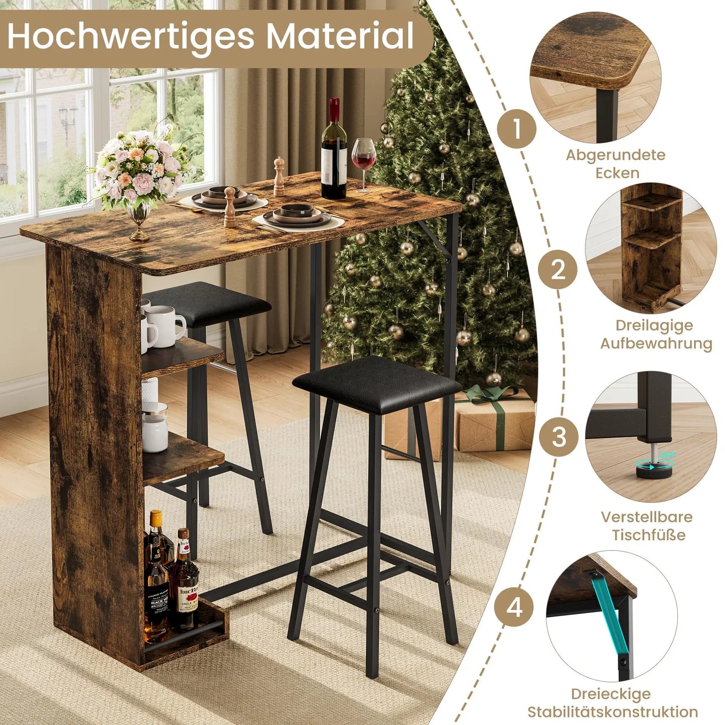 Bartisch Set mit 2 Hockern & Stauraum | Platzsparend