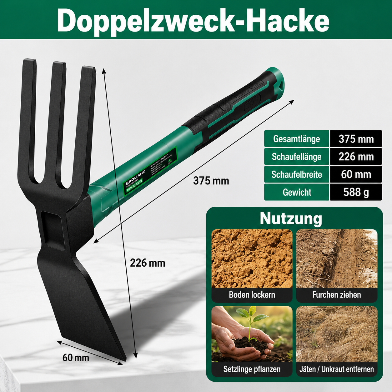 BAOLIAN Gartenwerkzeuge – Schaufel, Hacke & Harken mit rutschfestem Gummigriff für Garten & Pflanzenpflege
