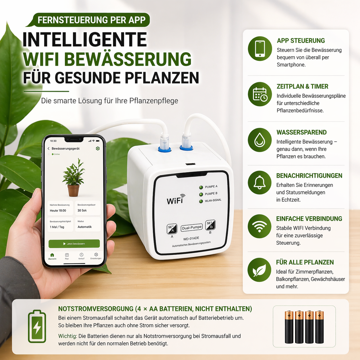 Smartes WiFi-Bewässerungssystem mit Pumpe – Automatische Pflanzenbewässerung für bis zu 20 Töpfe