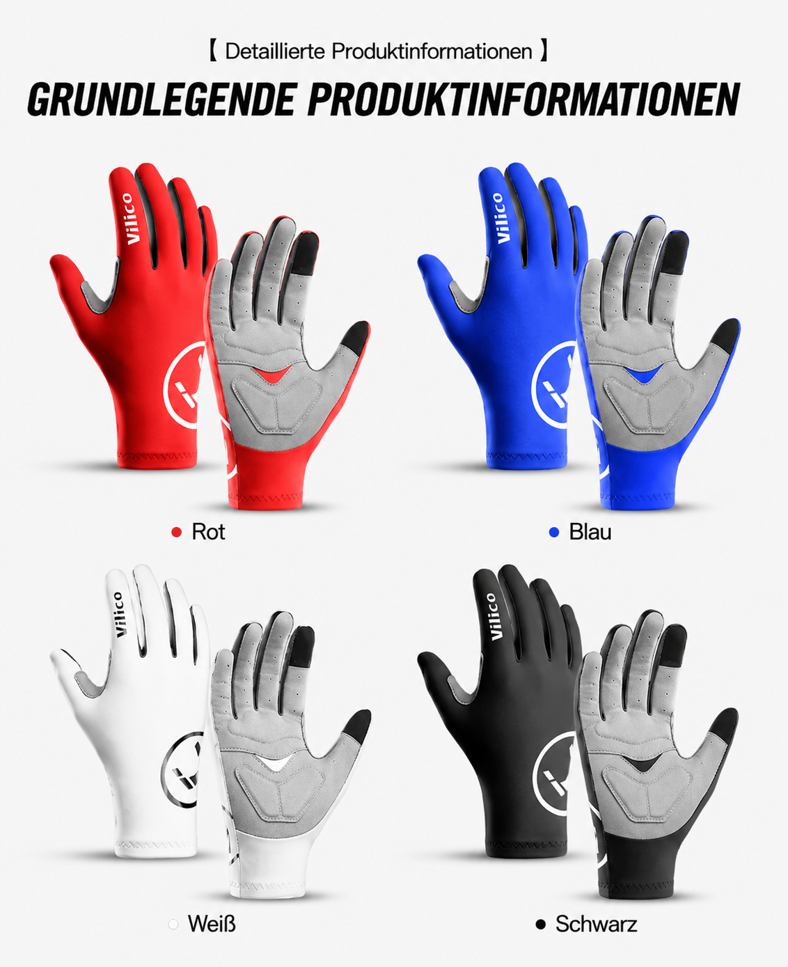 Produktübersicht mit vier Farboptionen der Fahrradhandschuhe. Gezeigt werden die Varianten Rot, Blau, Weiß und Schwarz jeweils mit Ober- und Unterseite. Alle Modelle verfügen über eine gepolsterte Handfläche, atmungsaktive Materialien und Touchscreen-kompatible Fingerspitzen.