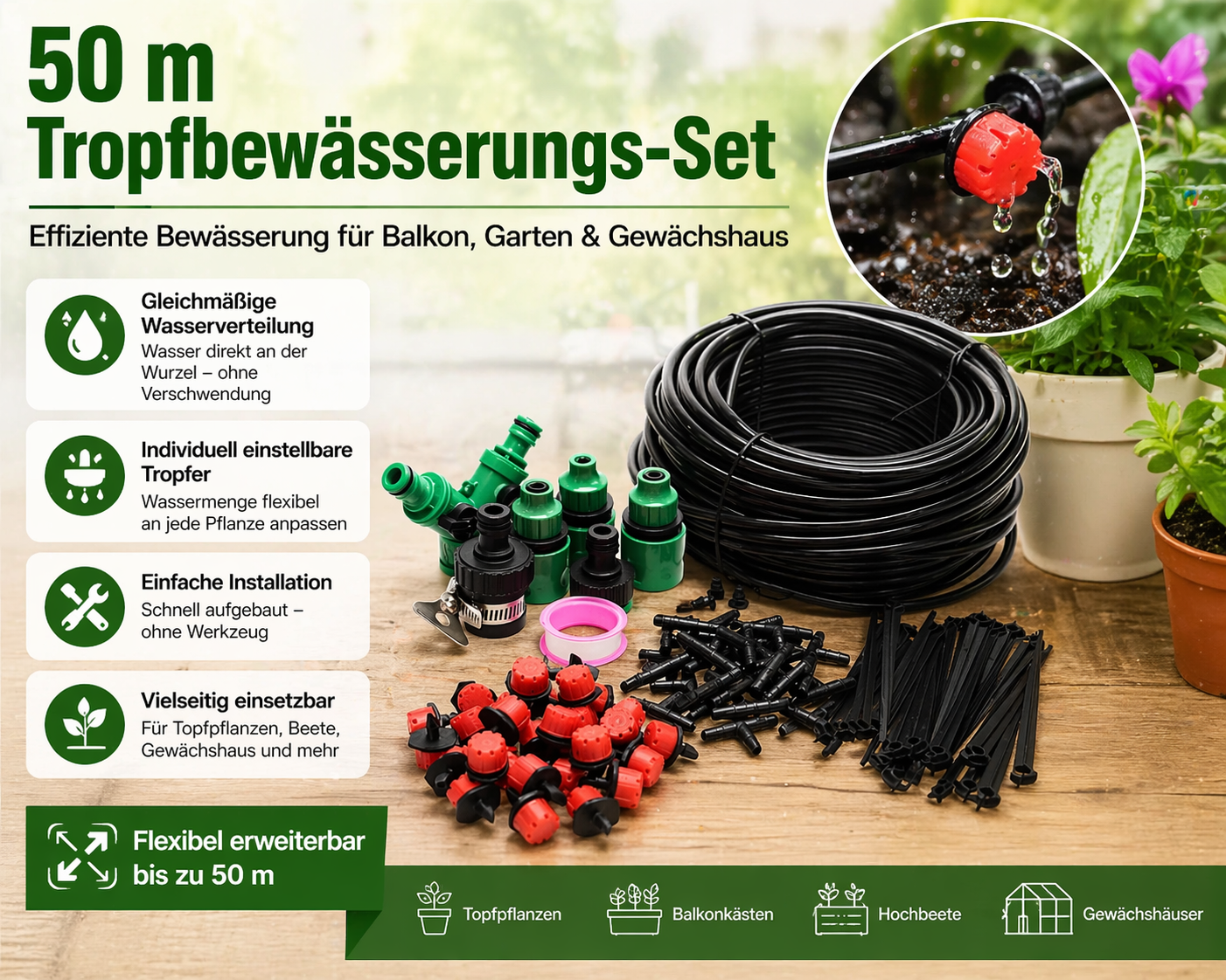 Tropfbewässerungssystem 20–50 m – Automatische Pflanzenbewässerung für Balkon, Garten & Gewächshaus | 1/4 Zoll Bewässerungsset mit verstellbaren Tropfern | DIY Mikro Bewässerung Set