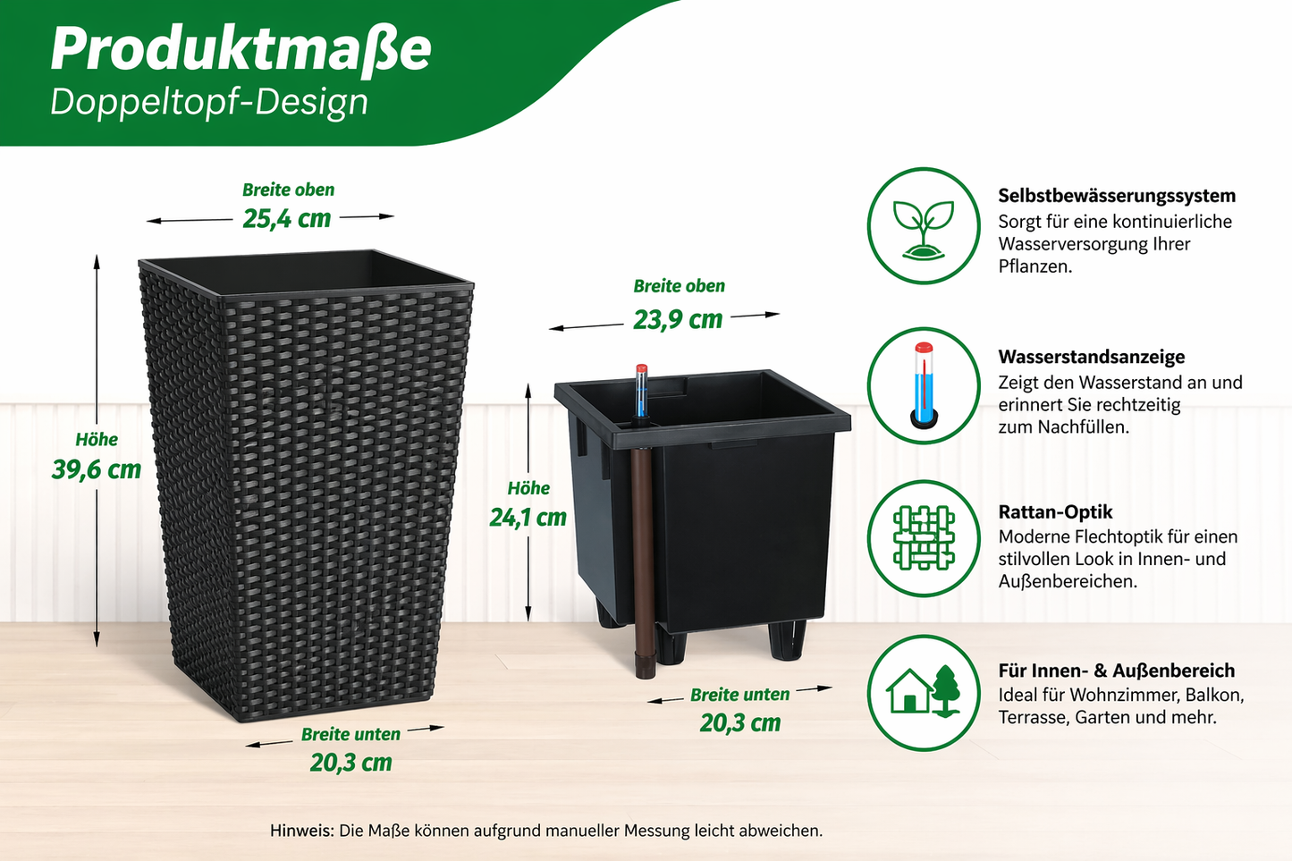 2er Set Selbstbewässernde Blumentöpfe mit Wasserstandsanzeige – 40 cm Rattan-Optik Pflanzgefäße für Innen & Außen, Wetterfest, Weiß