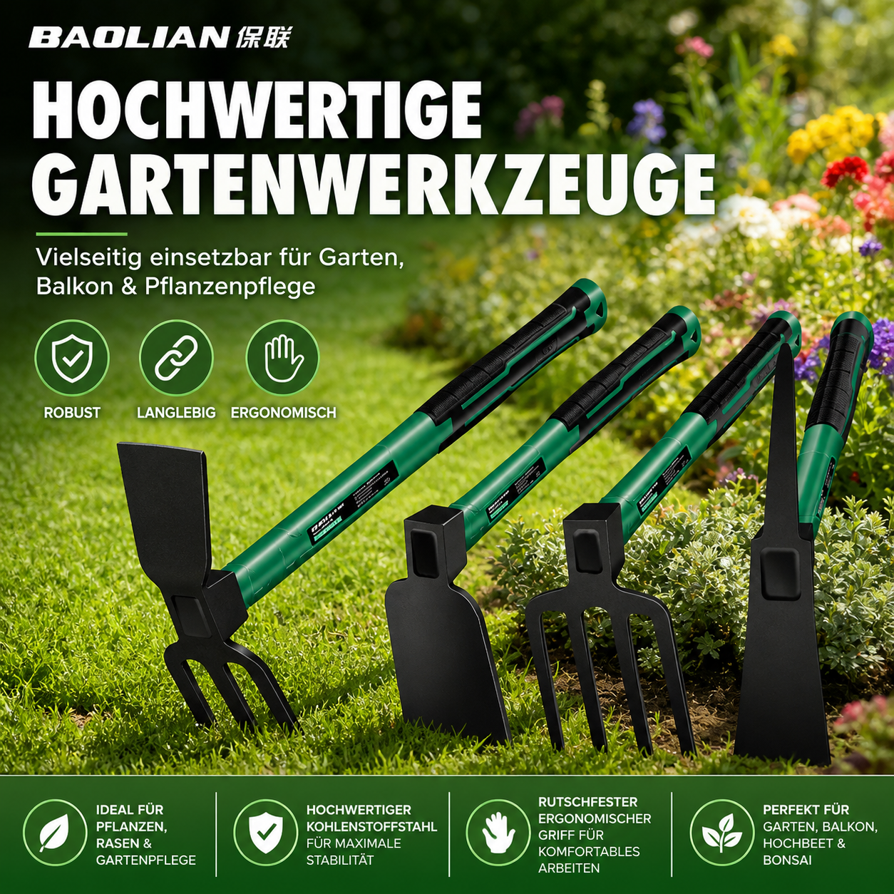 BAOLIAN Gartenwerkzeuge – Schaufel, Hacke & Harken mit rutschfestem Gummigriff für Garten & Pflanzenpflege