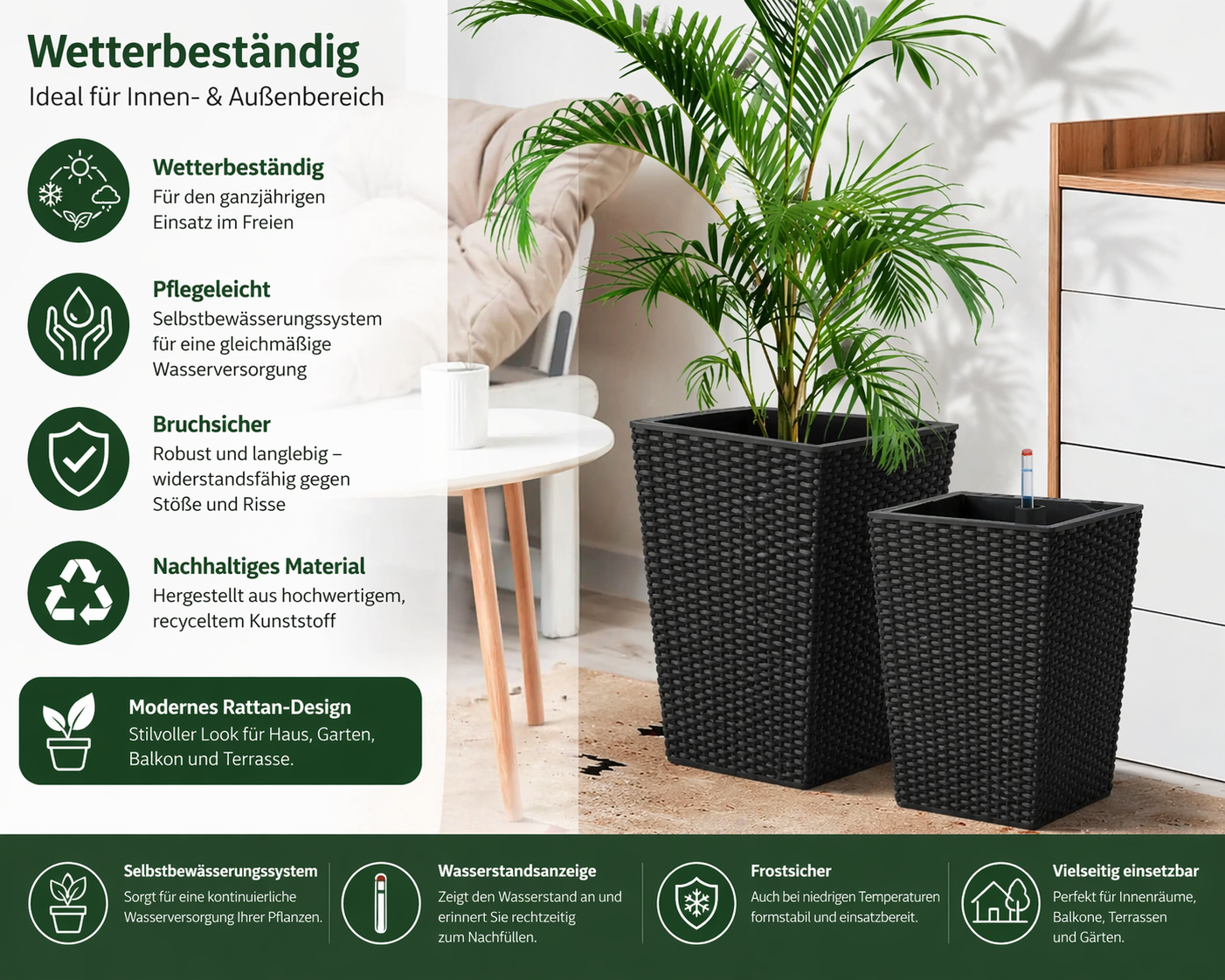 2er Set Selbstbewässernde Blumentöpfe mit Wasserstandsanzeige – 40 cm Rattan-Optik Pflanzgefäße für Innen & Außen, Wetterfest, Weiß