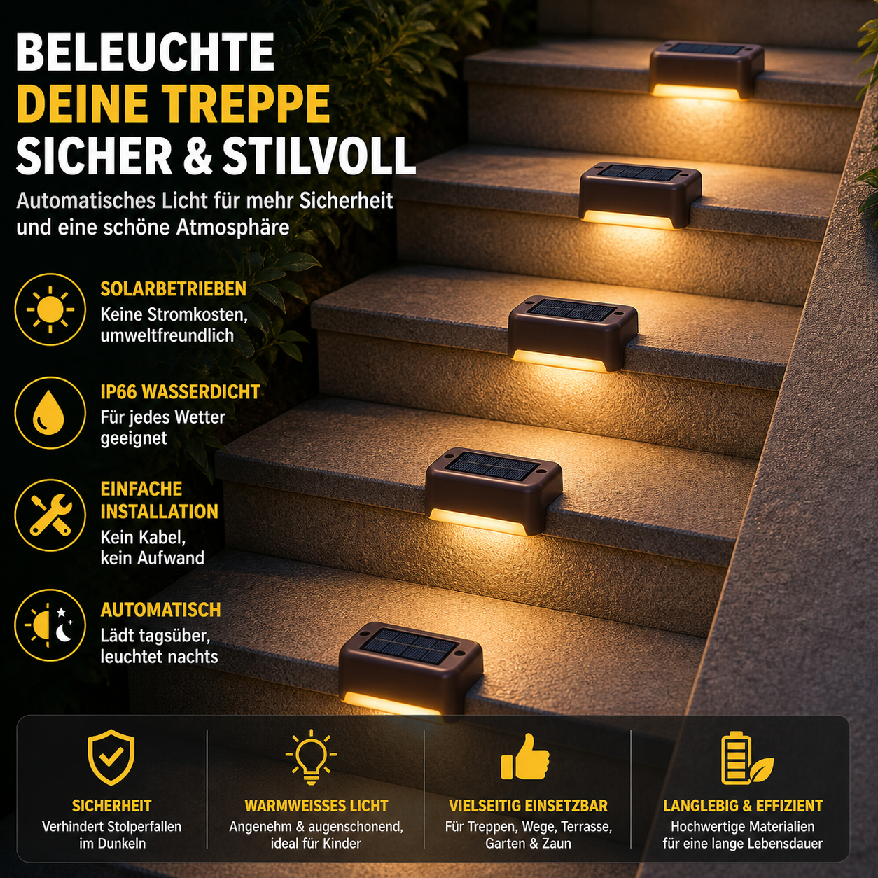 Solar LED Treppenleuchten 1/4/8/12 Stück – Outdoor Gartenbeleuchtung wasserdicht, Solar Stufenlicht für Terrasse, Wege & Garten