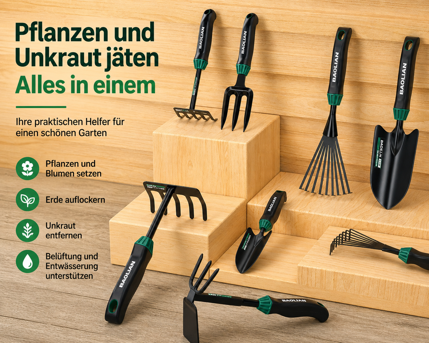 Robustes 3-teiliges Gartenwerkzeug-Set aus Hochleistungsstahl – Pflanzschaufel, 5-Zinken-Grabegabel & Unkrautjäter – Ergonomisch & rutschfest für komfortables Arbeiten