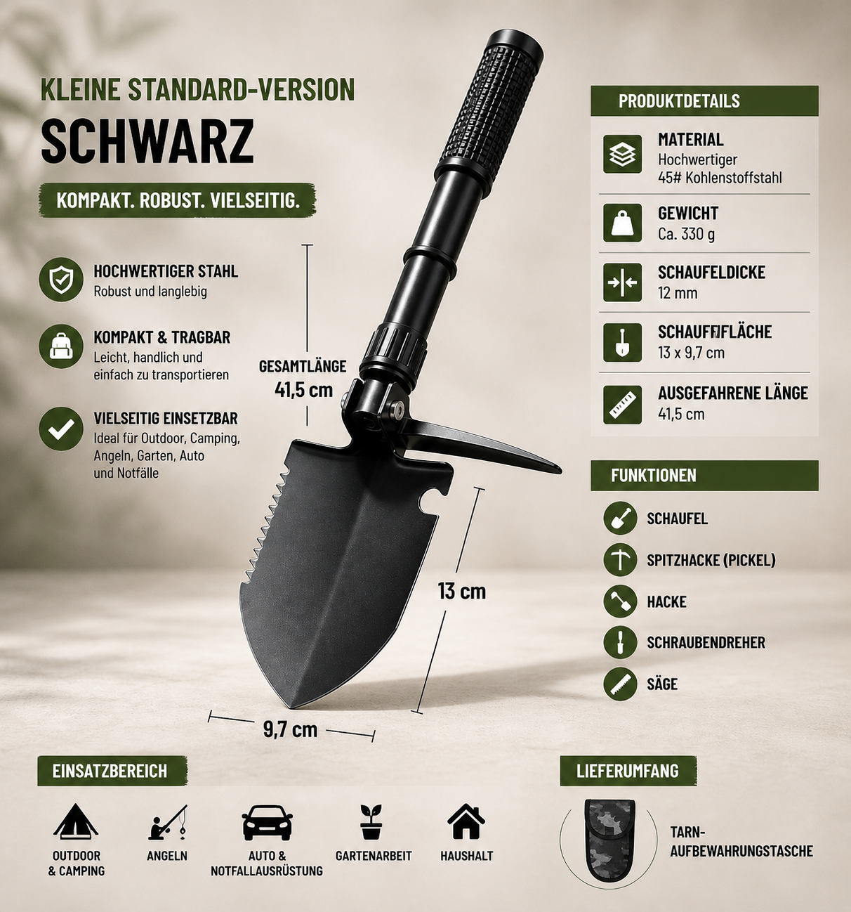 5-in-1 Überlebensschaufel kompakt – Taktikspaten aus Edelstahl mit Säge, Kompass & Flaschenöffner für Camping & Outdoor