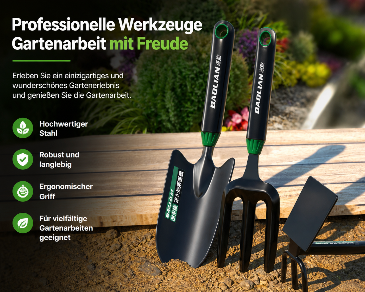 Robustes 3-teiliges Gartenwerkzeug-Set aus Hochleistungsstahl – Pflanzschaufel, 5-Zinken-Grabegabel & Unkrautjäter – Ergonomisch & rutschfest für komfortables Arbeiten