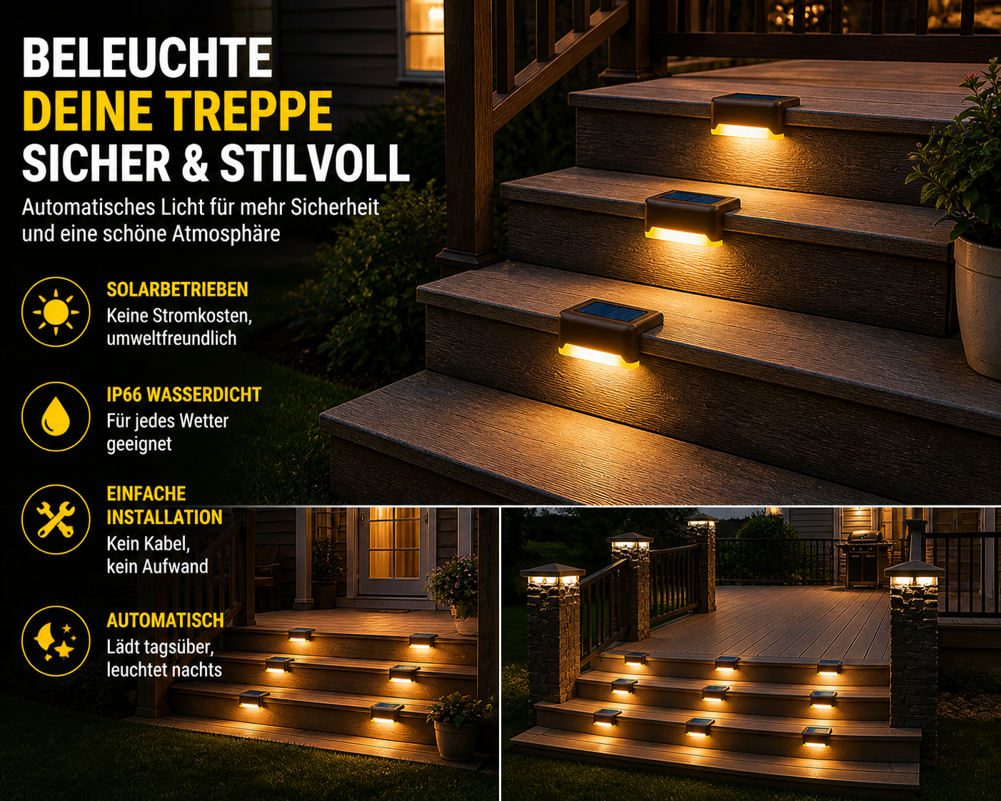 Solar LED Treppenleuchten 1/4/8/12 Stück – Outdoor Gartenbeleuchtung wasserdicht, Solar Stufenlicht für Terrasse, Wege & Garten