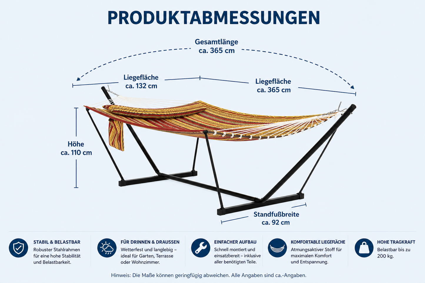 2 Personen Hängematte mit Gestell – Outdoor & Indoor, Verstellbarer Stahlrahmen, Wetterfest, inkl. Kissen – Bis 200kg Belastbar
